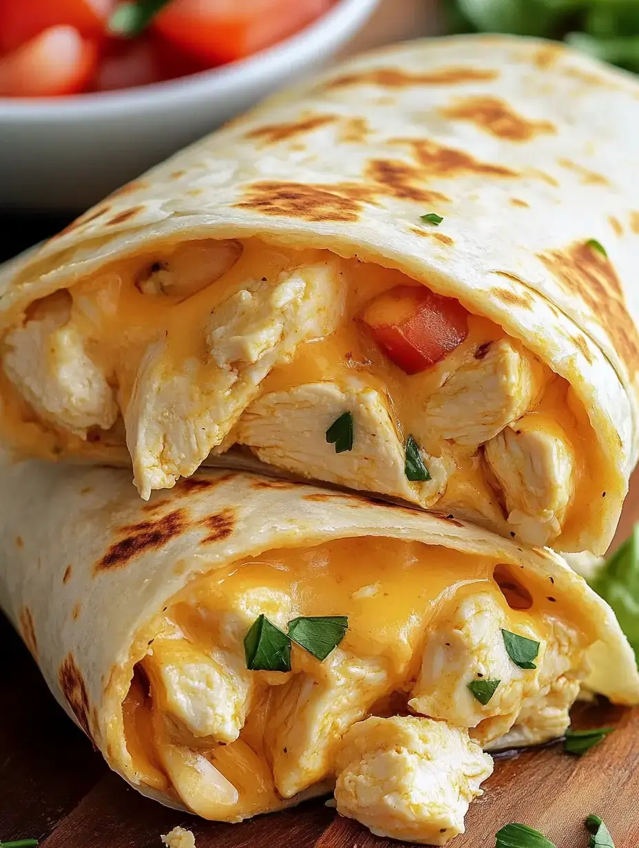 A close-up of a deliciously rolled chicken and cheese burrito, garnished with herbs, next to a bowl of diced tomatoes.