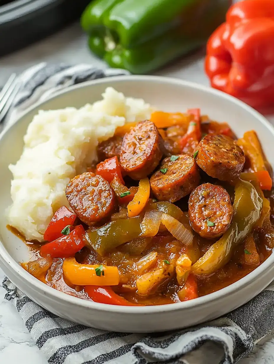 A bowl of mashed potatoes served with sautéed sausage and colorful bell peppers in a savory sauce, with fresh herbs for garnish.