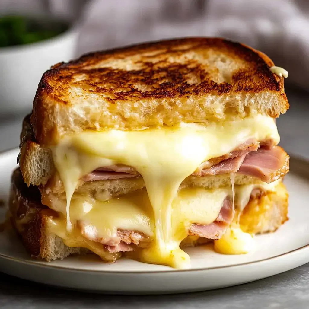 A deliciously melted grilled cheese sandwich layered with ham, featuring golden-brown, toasted bread.