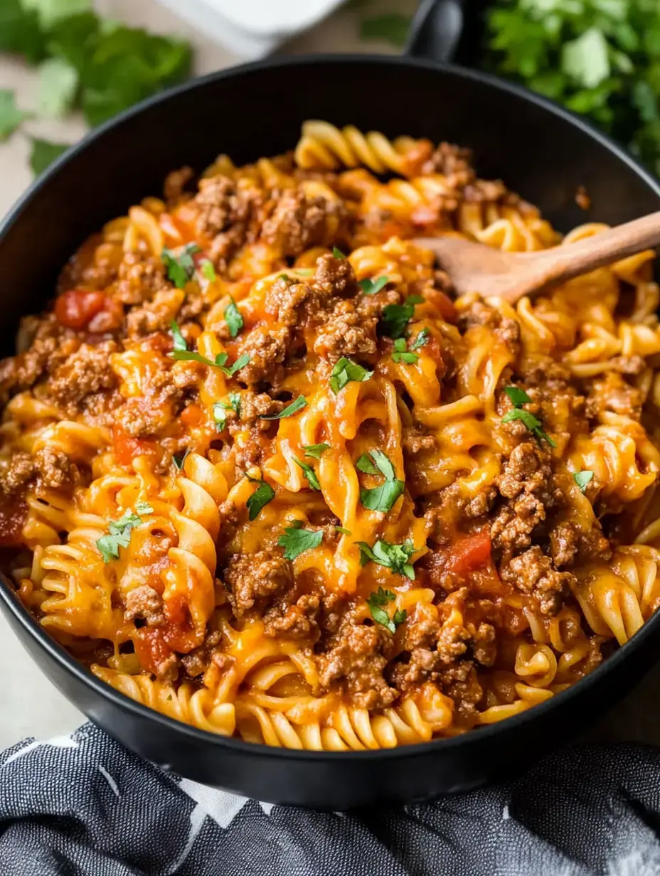 A black bowl filled with spiral pasta, ground beef, and melted cheese, garnished with green herbs.