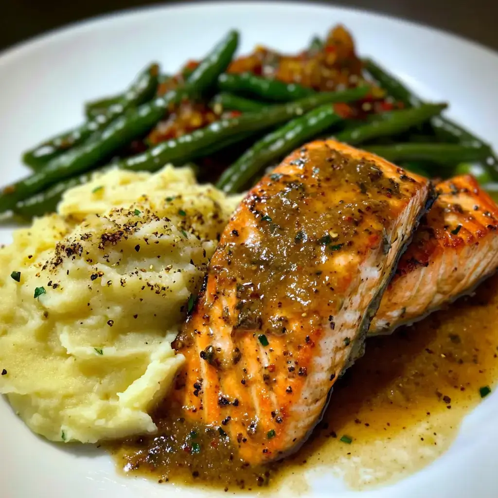 A plate of grilled salmon topped with sauce, served alongside creamy mashed potatoes and green beans.