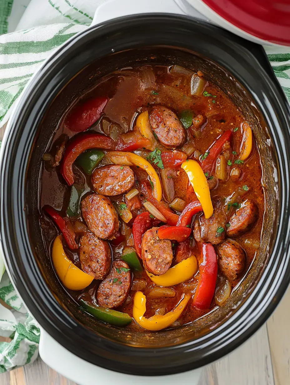 A close-up view of a slow cooker filled with sausage, bell peppers, onions, and sauce.