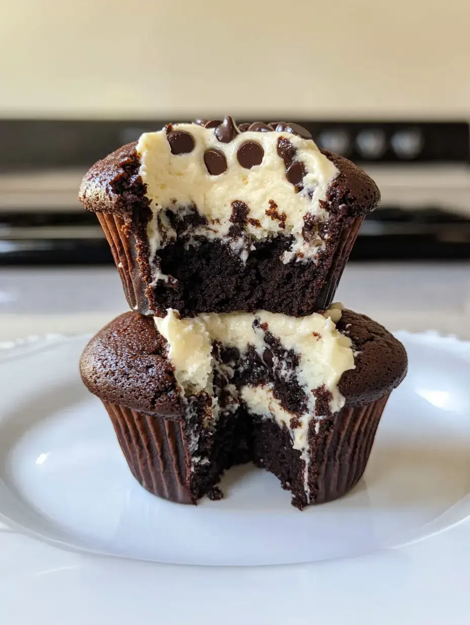 A close-up of two chocolate cupcakes, one partially eaten, revealing a creamy filling and chocolate chips inside.