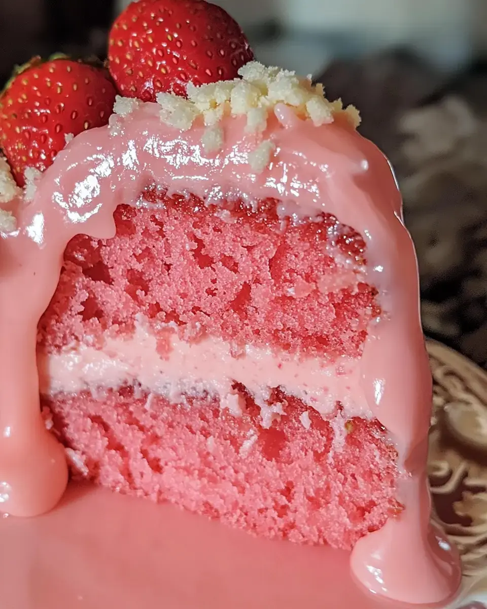 A close-up of a slice of pink strawberry cake topped with fresh strawberries and pink icing.