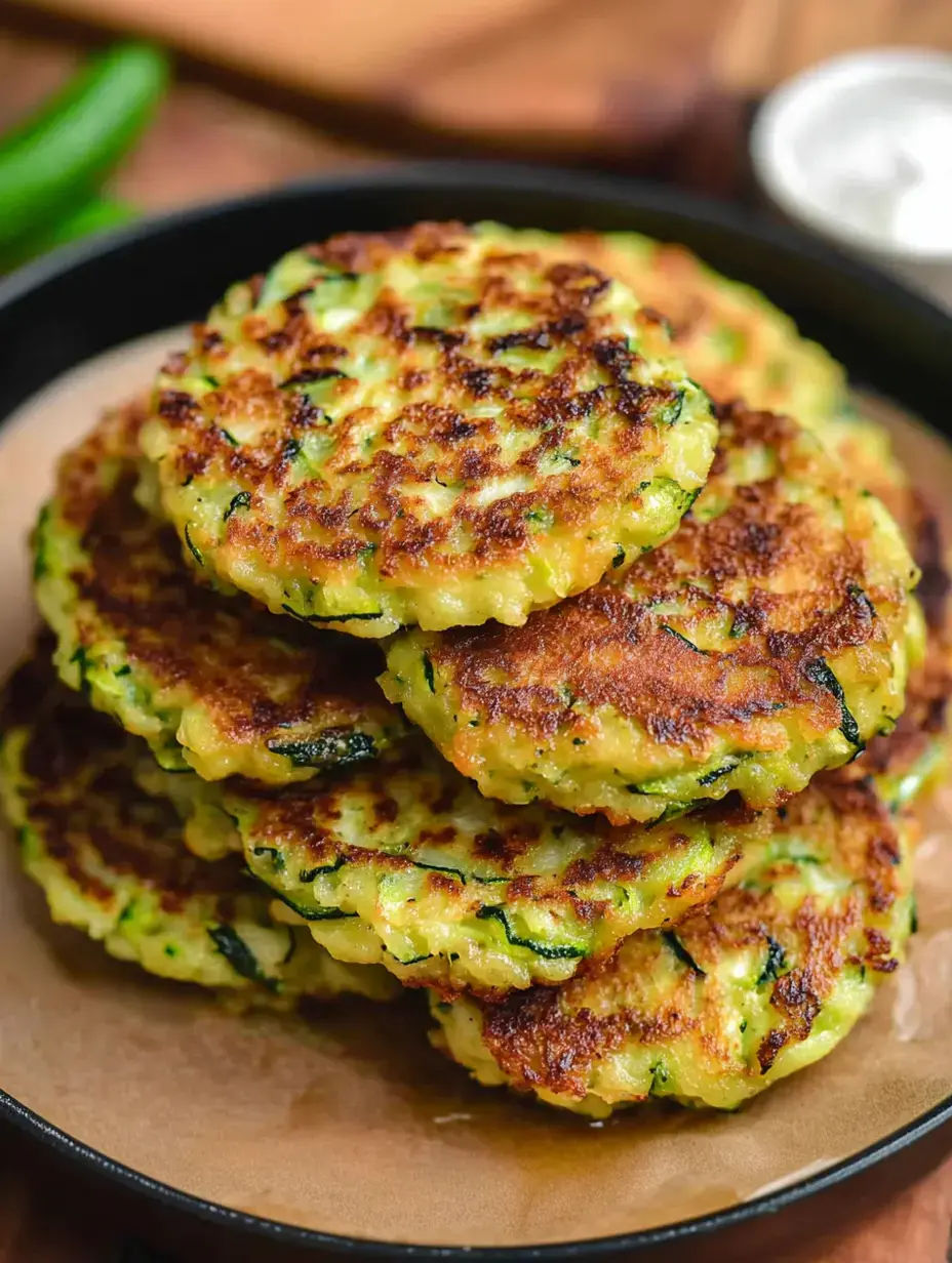 A stack of golden-brown zucchini fritters is displayed on a plate, with a side of dipping sauce in the background.