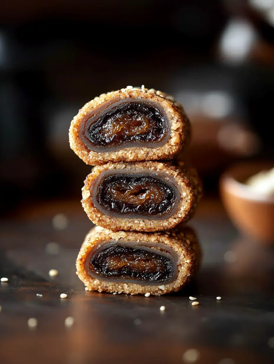 A stack of three halved, sesame-coated snacks revealing a dark, sweet filling inside.