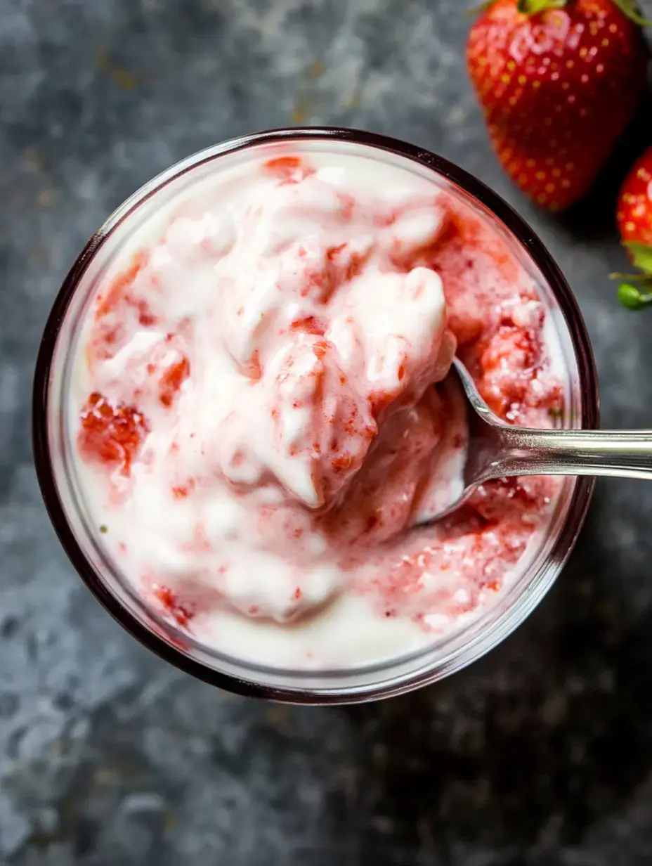 A bowl of creamy strawberry yogurt sits with a spoon inside, alongside fresh strawberries.