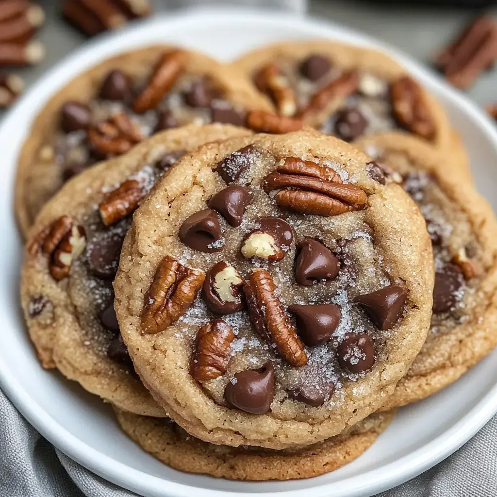 A plate of freshly baked cookies topped with chocolate chips and pecans, garnished with a sprinkling of sugar.