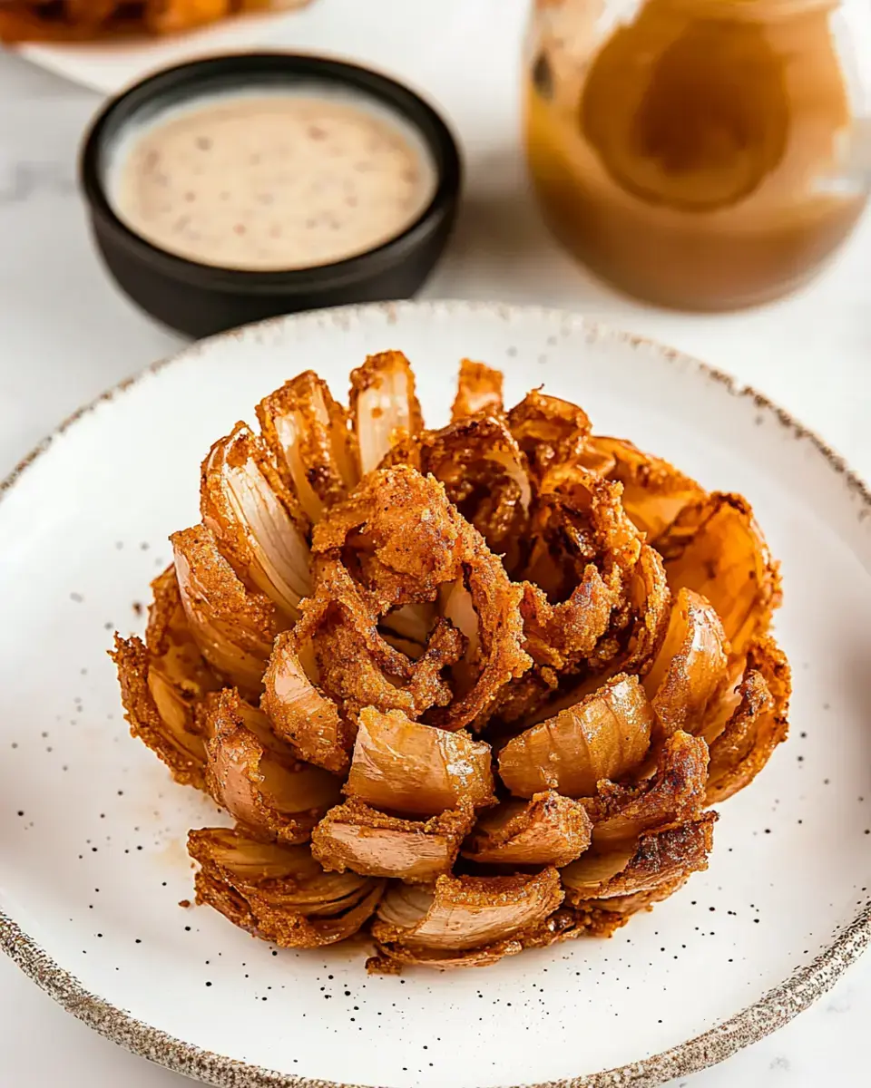 A beautifully arranged blooming onion sits on a plate, accompanied by a small bowl of dipping sauce.