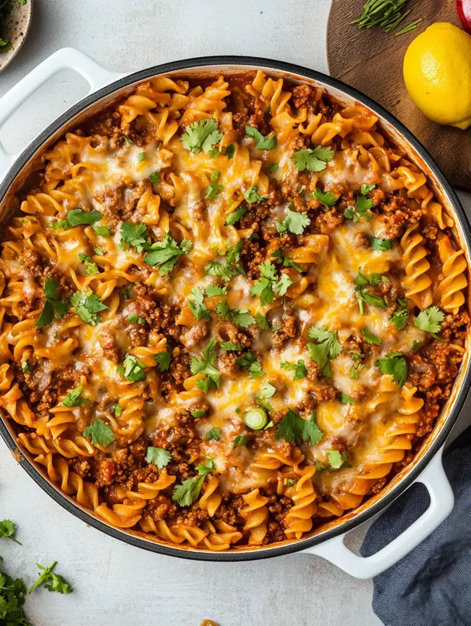 A close-up view of a skillet filled with cheesy, meaty pasta topped with fresh cilantro.