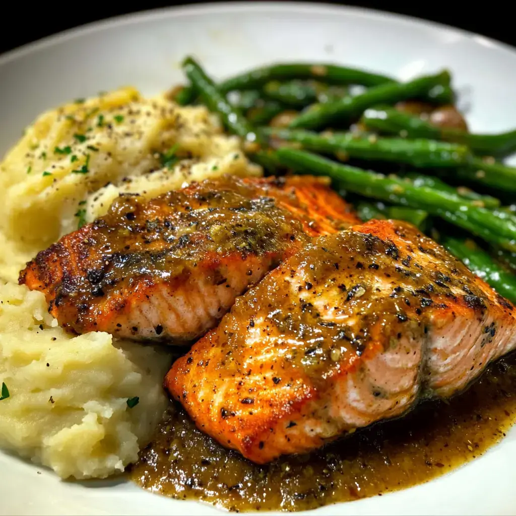 A plate of salmon fillets topped with sauce, served alongside creamy mashed potatoes and sautéed green beans.