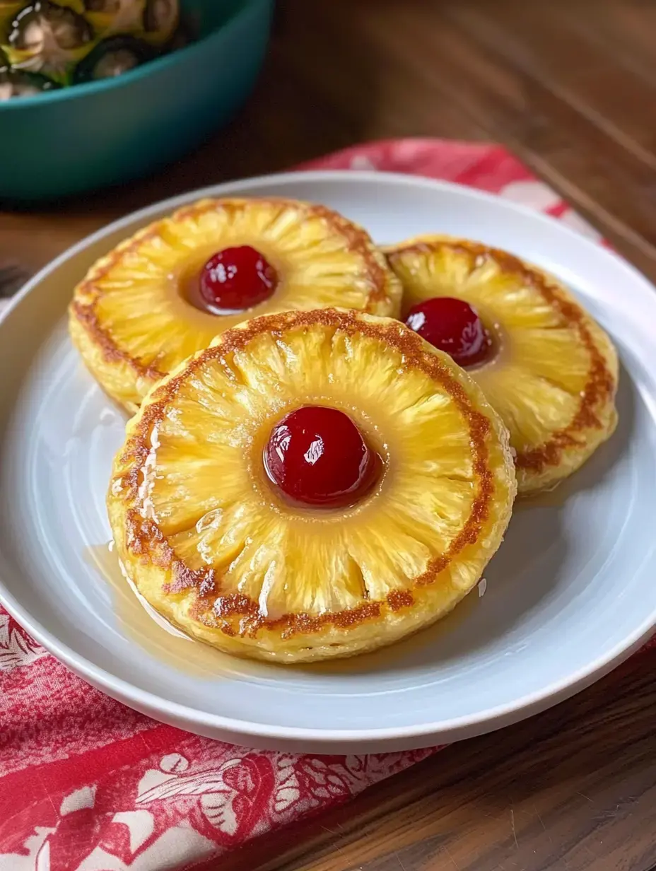 A plate of three round pineapple slices topped with maraschino cherries, drizzled with syrup, rests on a red and white cloth.