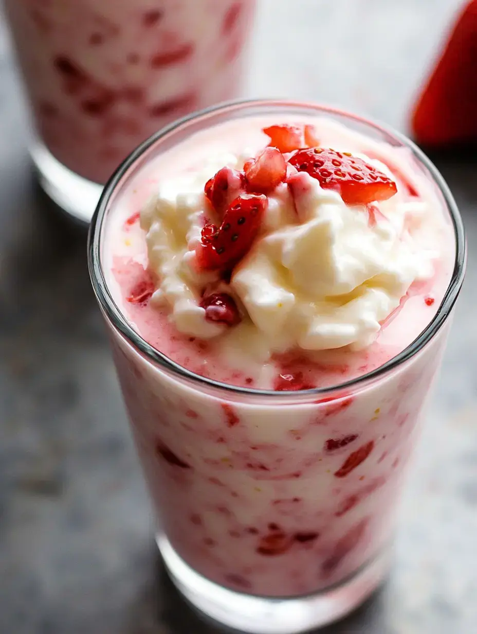 A glass of strawberry parfait with cream and diced strawberries, served against a textured background.