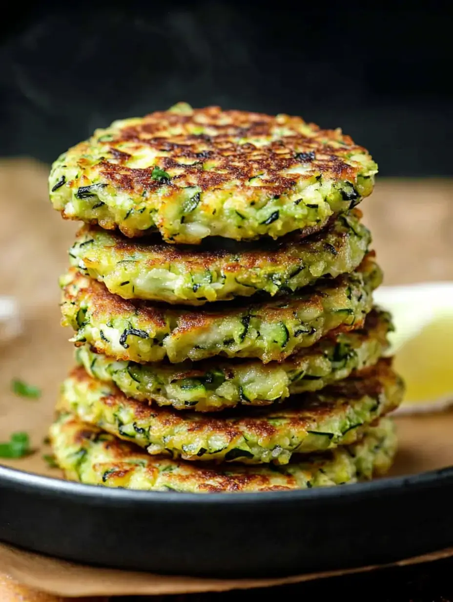 A stack of golden-brown zucchini fritters on a black plate, with a hint of steam rising from them.