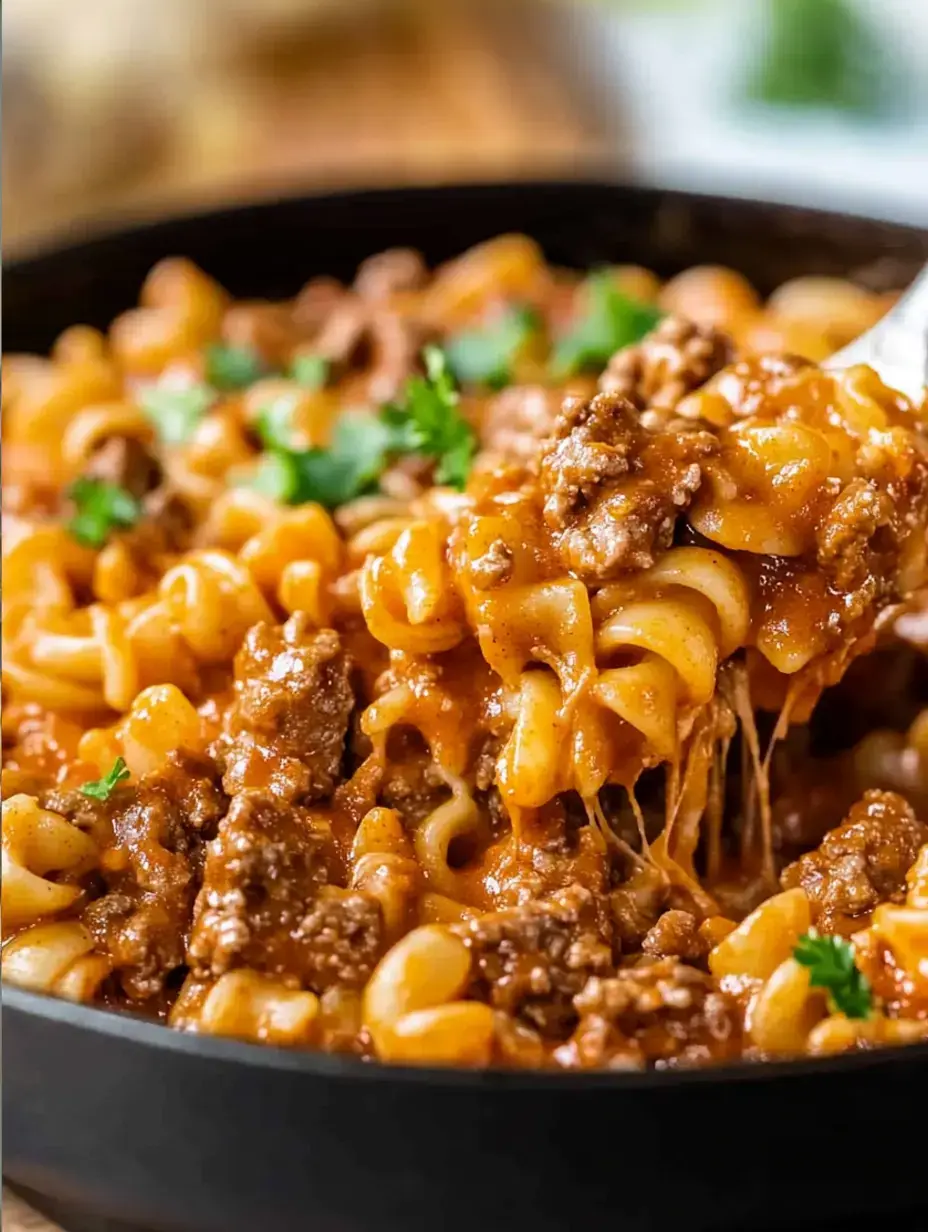 A close-up of a bowl of pasta with ground beef in a rich, cheesy sauce, garnished with fresh herbs.