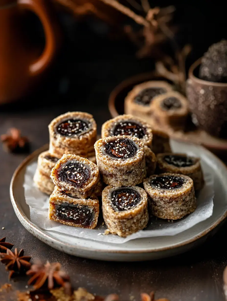 A plate of rolled sweets filled with a dark fruit paste and coated in finely ground nuts, garnished with sesame seeds, set against a dark background.