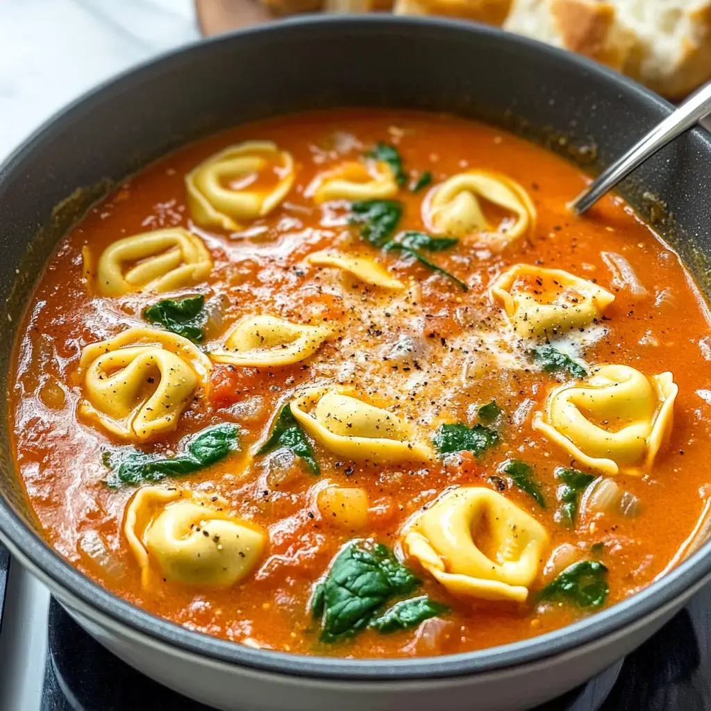 A close-up of a pot filled with tortellini soup, featuring yellow tortellini, spinach, and a rich tomato broth.