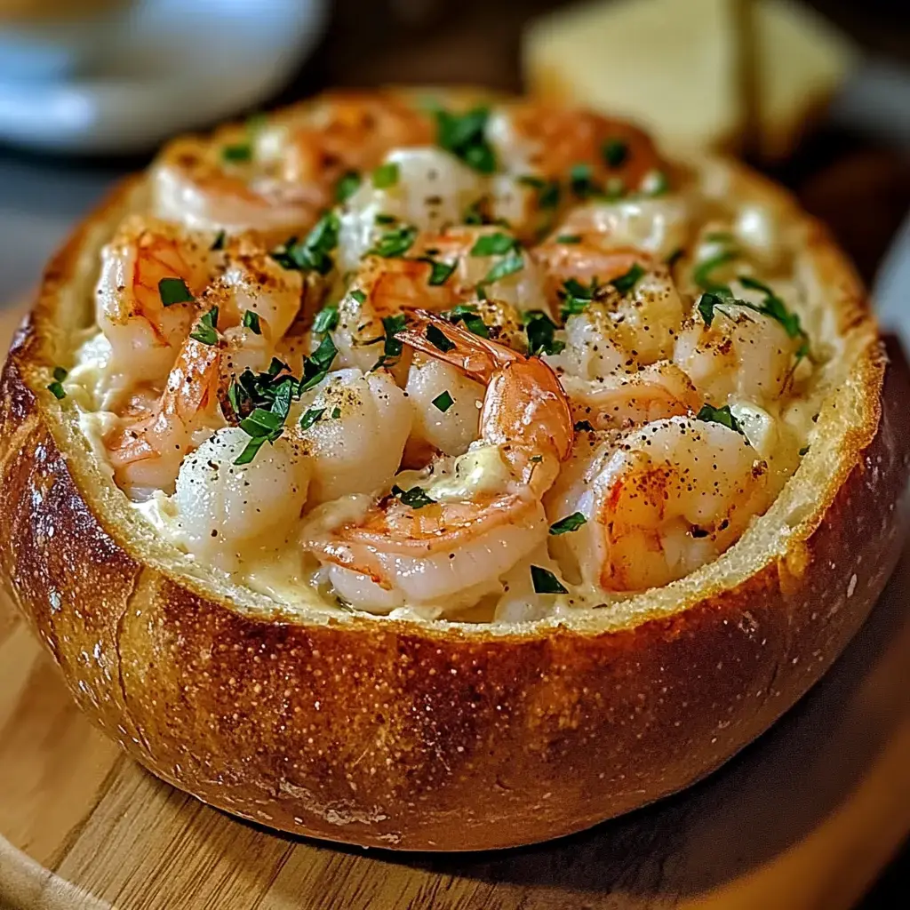 A baked bread bowl filled with creamy shrimp and garnished with parsley.