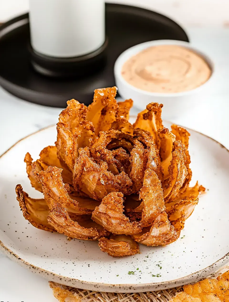 A beautifully arranged and crispy blooming onion served on a plate alongside a small bowl of dipping sauce.