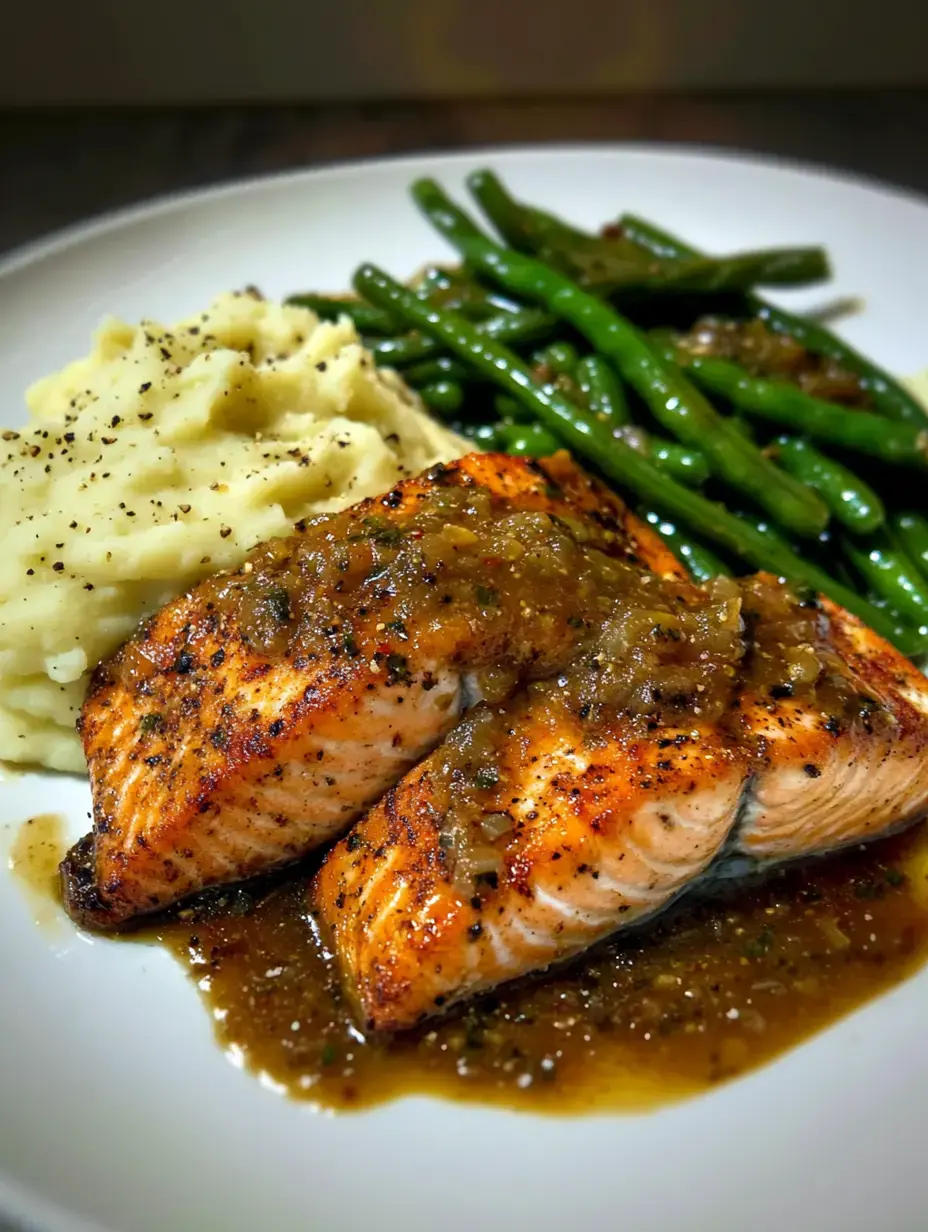 A plate of salmon topped with a savory sauce, served alongside mashed potatoes and green beans.