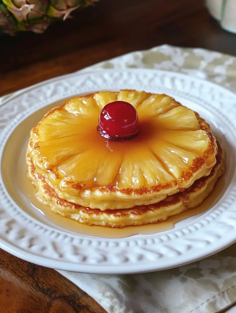 A plate of three pineapple upside-down pancakes topped with a cherry and drizzled with syrup.