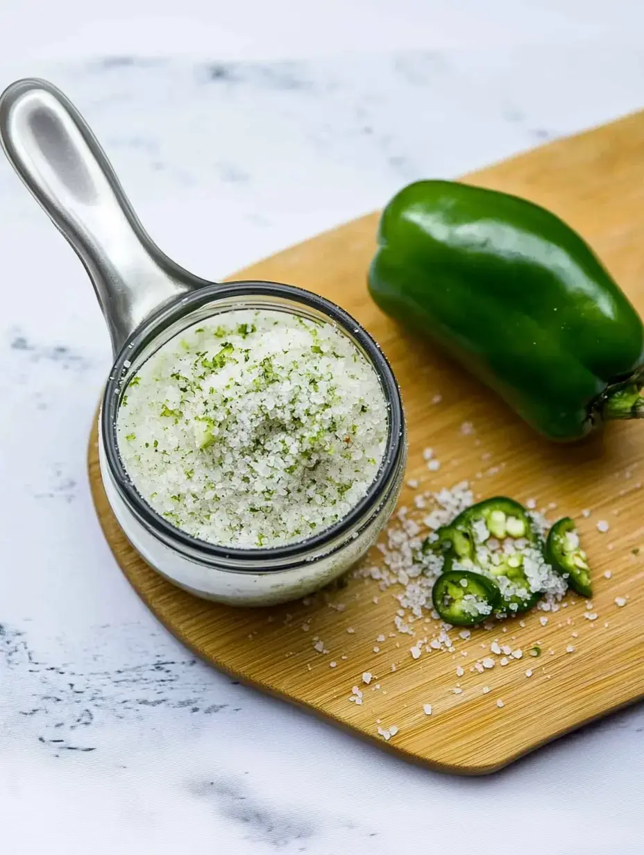 A jar of seasoned salt sits on a wooden cutting board next to a whole green bell pepper and slices of jalapeño.