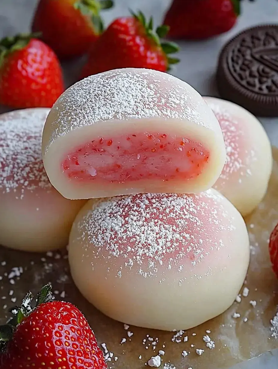 A close-up of freshly made strawberry mochi, dusted with powdered sugar, alongside whole strawberries and an Oreo cookie.