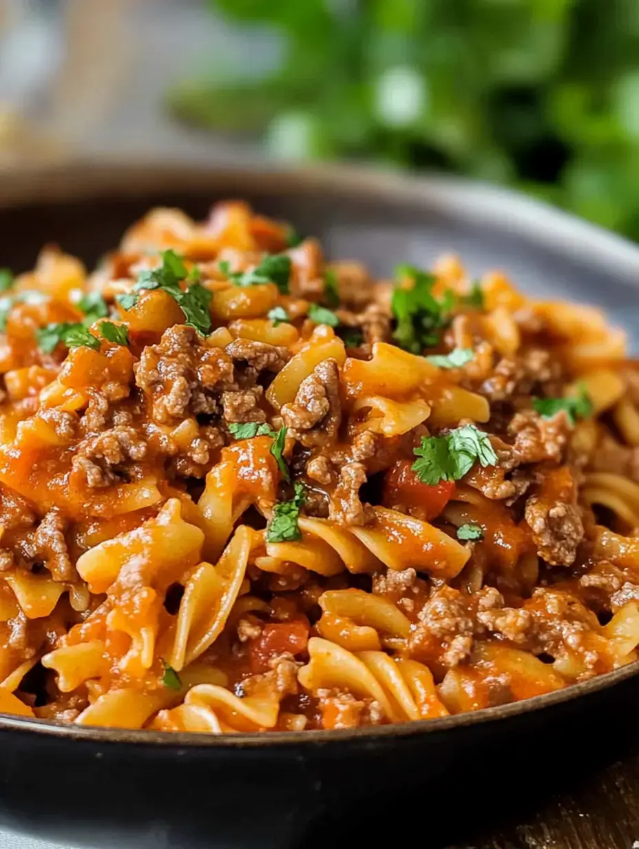 A close-up of a bowl of pasta with ground beef and a tomato sauce, garnished with fresh cilantro.