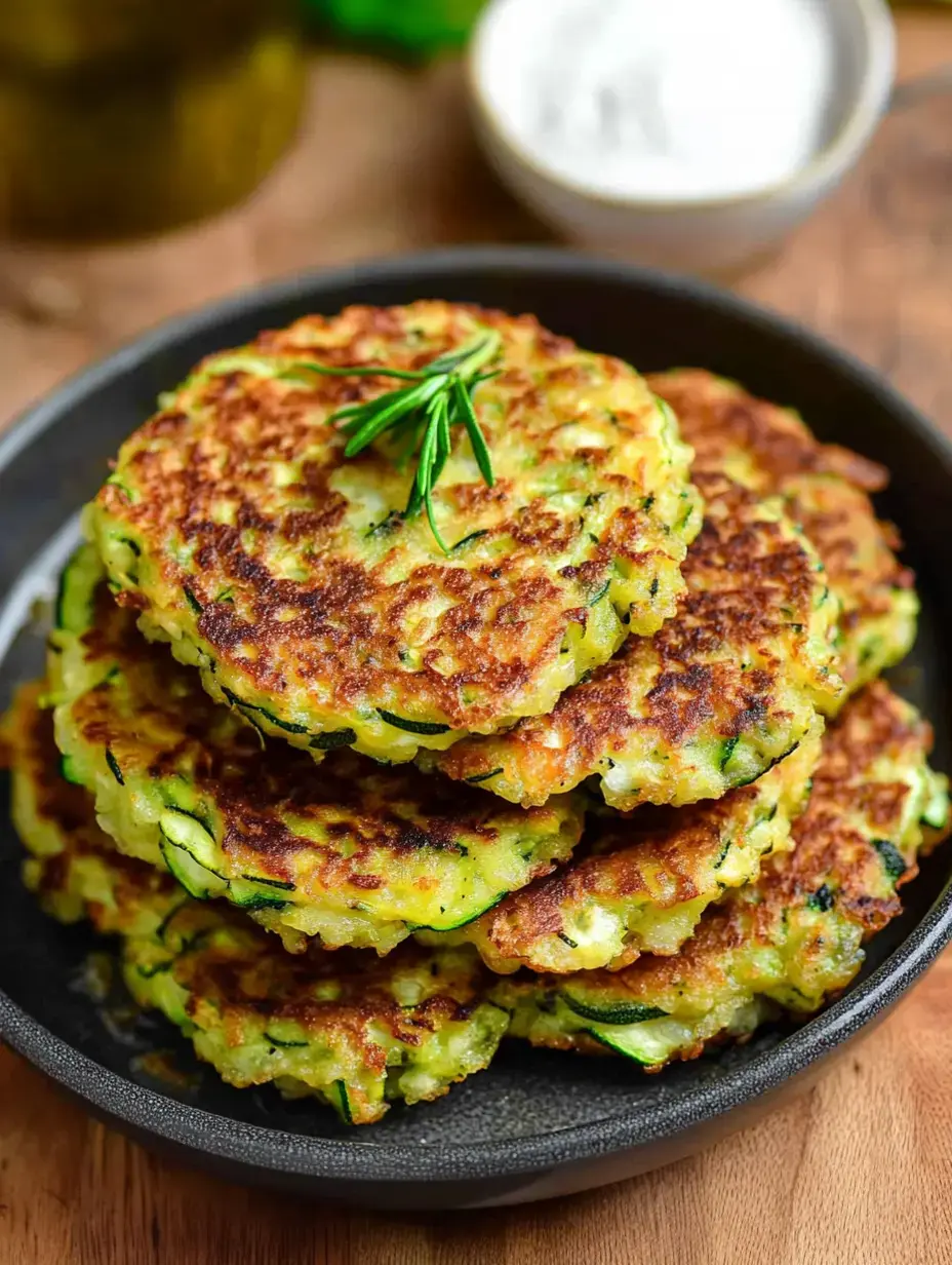 A stack of golden-brown zucchini fritters garnished with a sprig of rosemary, served on a black plate with a small bowl of dipping sauce in the background.