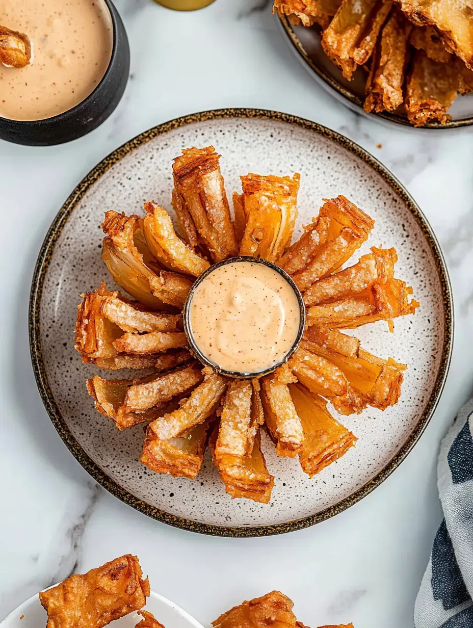 A circular arrangement of crispy fried pineapple slices surrounds a small bowl of dipping sauce on a speckled plate.