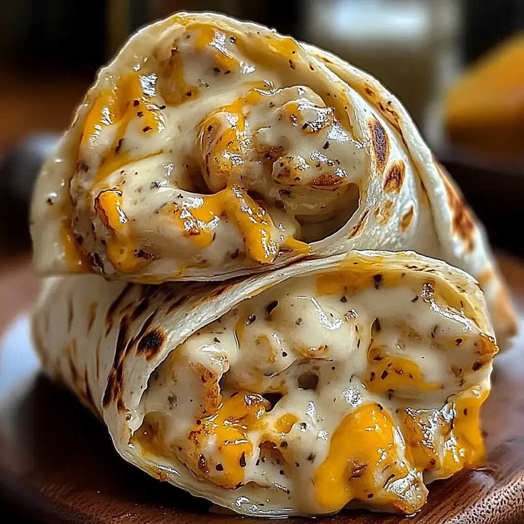 Two grilled burritos stuffed with creamy cheese and tender chicken are stacked on a wooden plate.