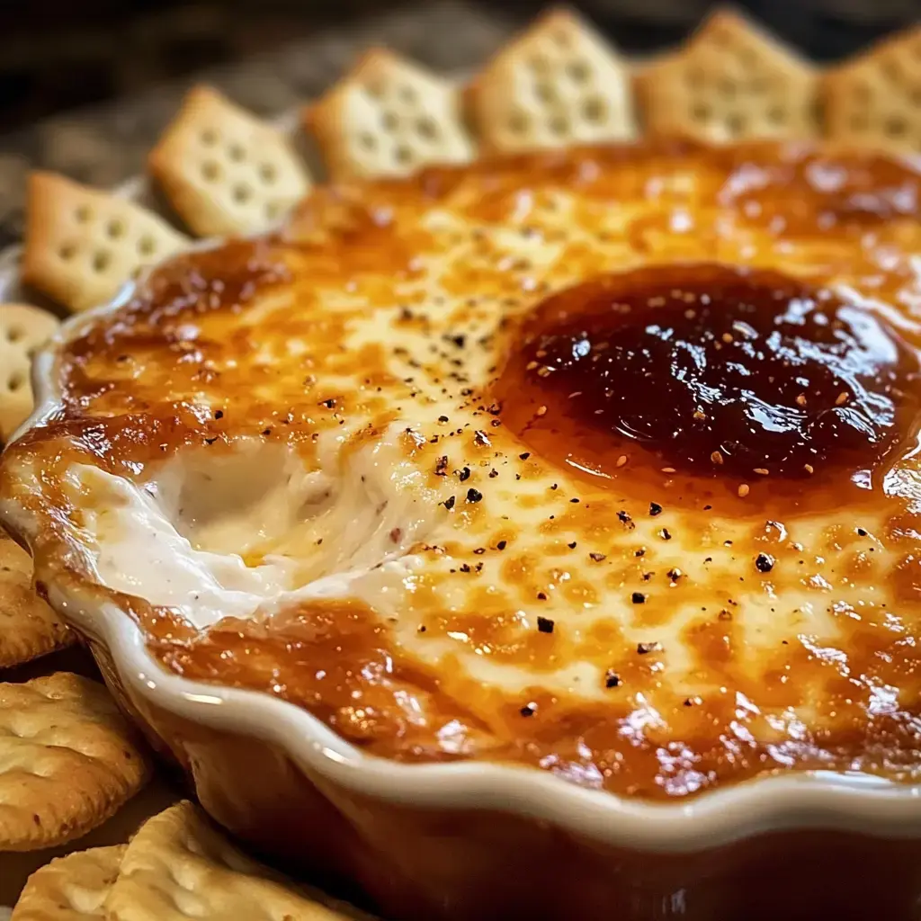 A creamy baked dip topped with a dollop of jelly sits in a dish surrounded by decorative crackers.