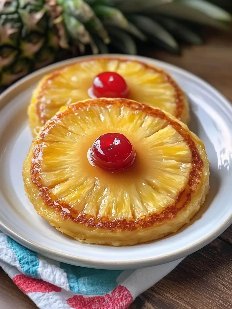 A plate of two buttery pineapple upside-down cakes, each topped with a bright red cherry, sits on a colorful cloth with a whole pineapple in the background.