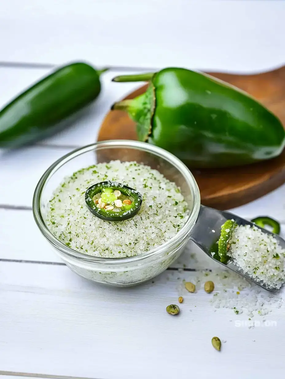 A glass bowl filled with flavored salt topped with a sliced jalapeño, accompanied by whole jalapeños and scattered salt on a wooden cutting board.