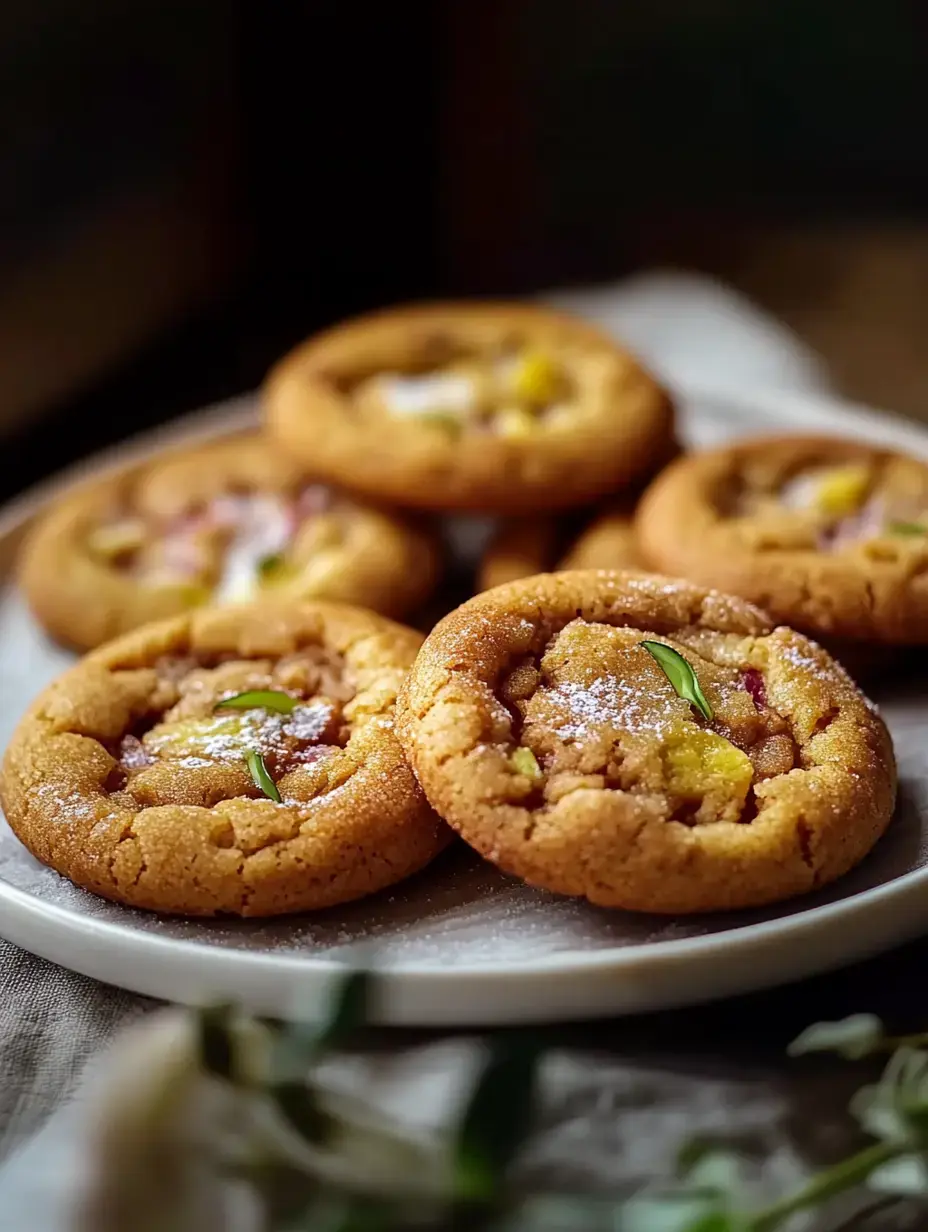 A plate of golden-brown cookies topped with colorful sprinkles and garnished with small green leaves.