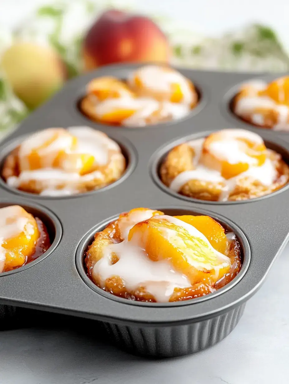 A muffin tin holds freshly baked peach pastries drizzled with icing, with whole peaches in the background.