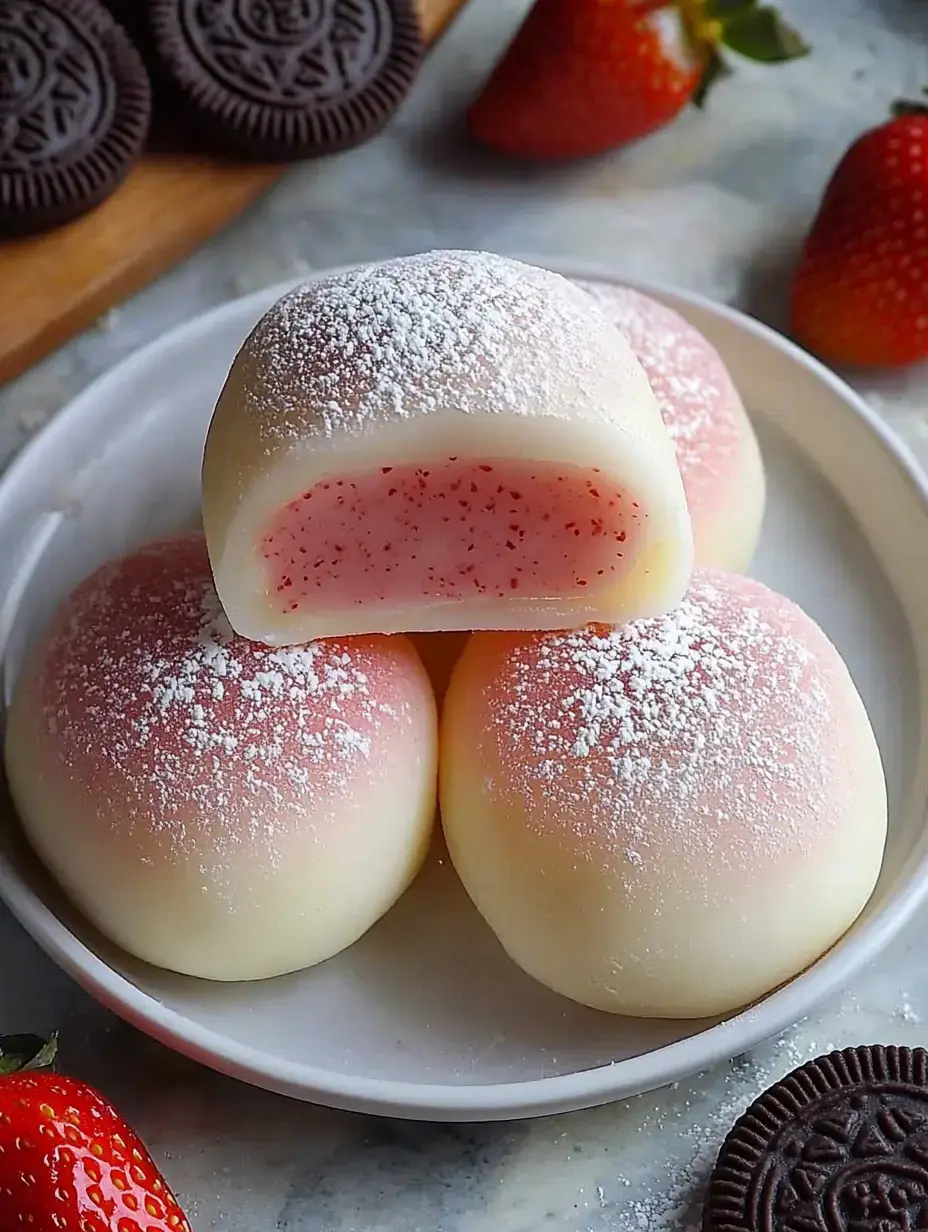 A plate of pink-tinted mochi filled with strawberry-flavored filling, dusted with powdered sugar, alongside fresh strawberries and Oreo cookies.