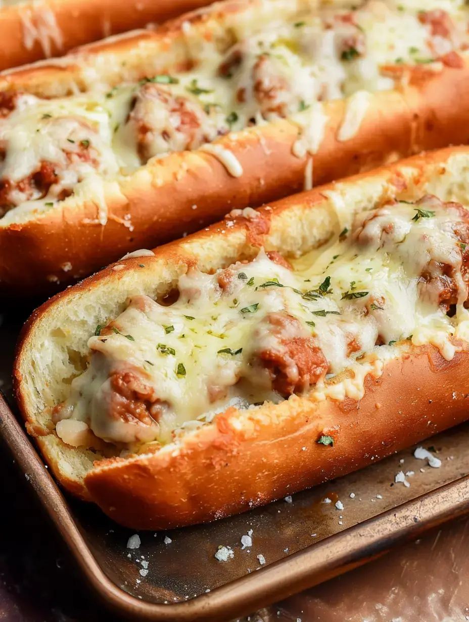 A close-up of cheesy meatball subs topped with herbs, served on a metal tray.