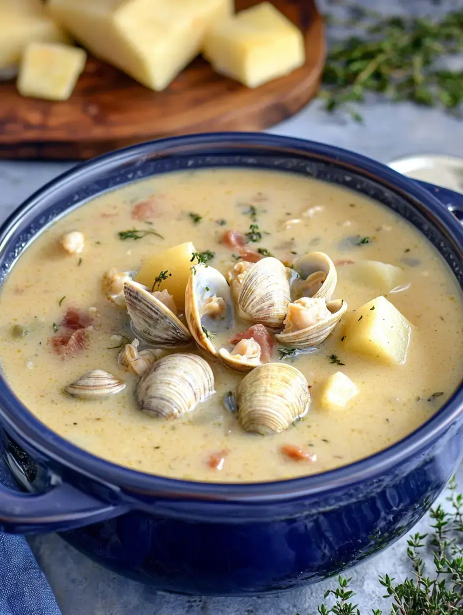 A bowl of creamy clam chowder with potatoes, clams, and herbs, accompanied by cubes of cheese in the background.