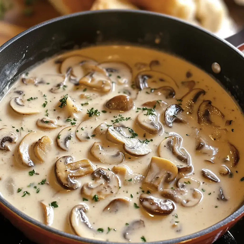 A creamy mushroom sauce simmering in a black frying pan, garnished with parsley.