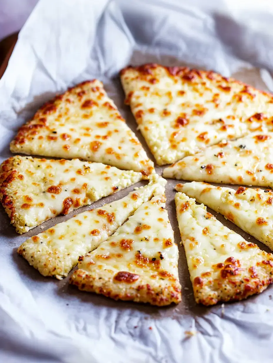 A freshly baked cheese pizza cut into eight slices, resting on parchment paper.