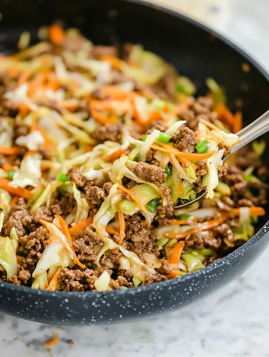 A close-up of a skillet filled with stir-fried ground beef, shredded cabbage, and carrots.