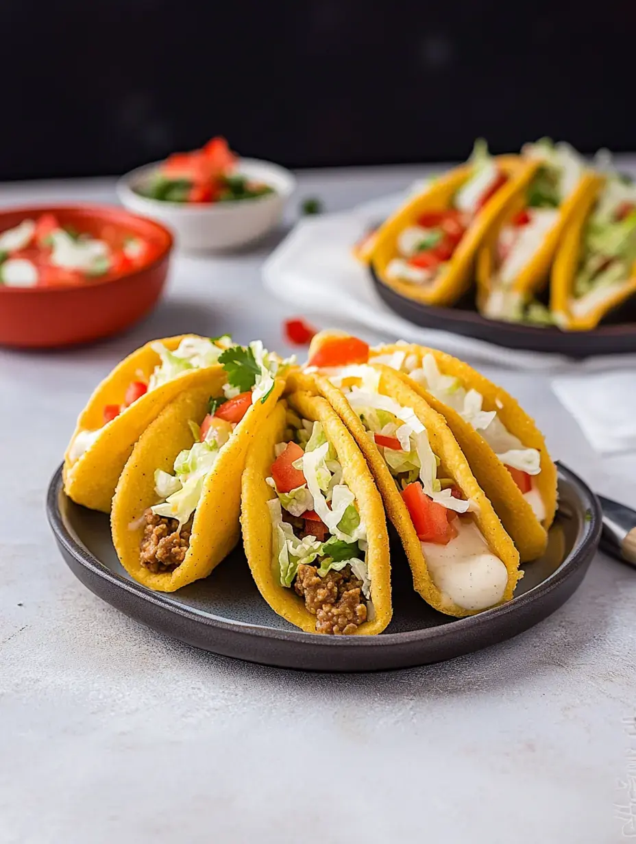 A plate of colorful tacos filled with ground beef, lettuce, tomatoes, and a creamy sauce, accompanied by a bowl of salsa in the background.