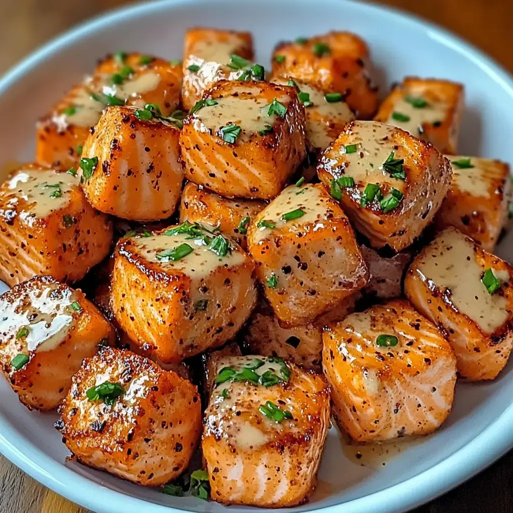 A bowl of golden-brown, cubed salmon pieces drizzled with sauce and garnished with chopped herbs.