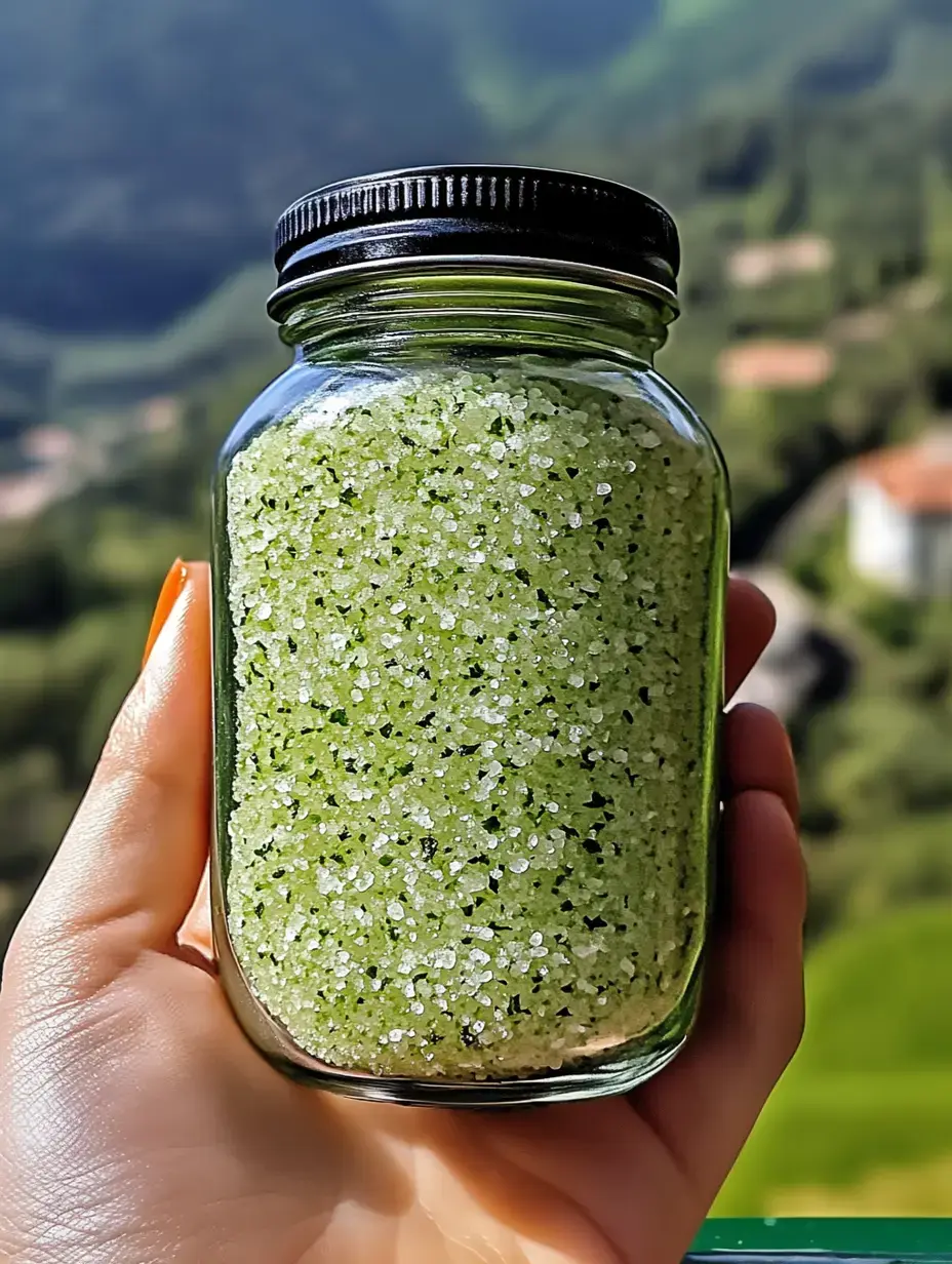 A person holds a glass jar filled with green and white salt crystals against a blurred green landscape background.