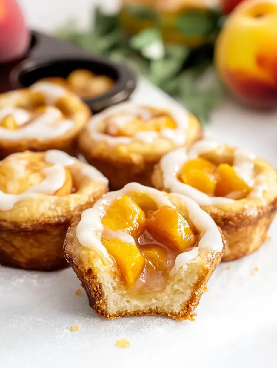 A close-up of mini peach pastries topped with icing, showcasing a cut-open pastry filled with diced peaches.