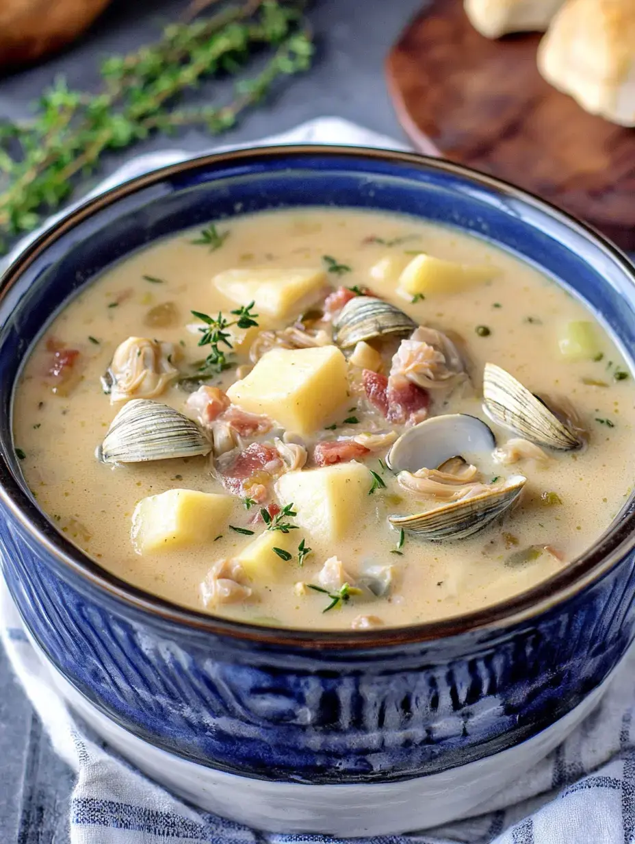 A bowl of creamy clam chowder with potatoes, clams, and fresh thyme on a striped napkin.