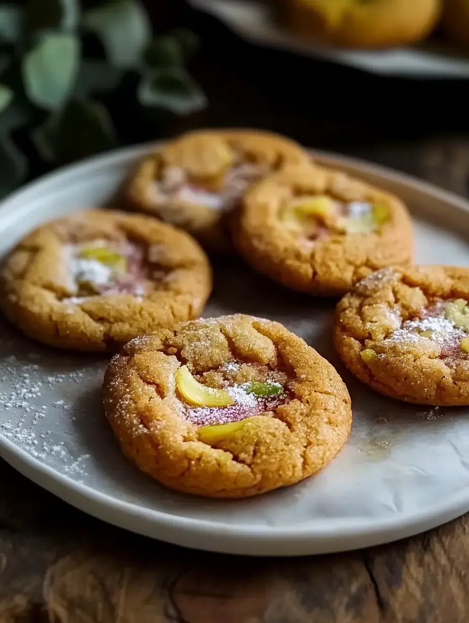 A plate of freshly baked cookies with colorful fruit fillings, dusted with powdered sugar.