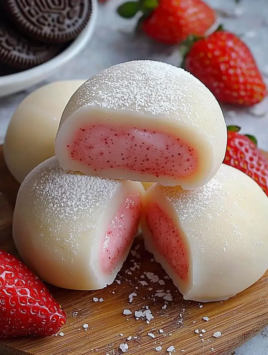 Three white chocolate-covered strawberry mochi pieces, with one cut in half to reveal pink filling, are displayed on a wooden board alongside fresh strawberries and a bowl of Oreos.