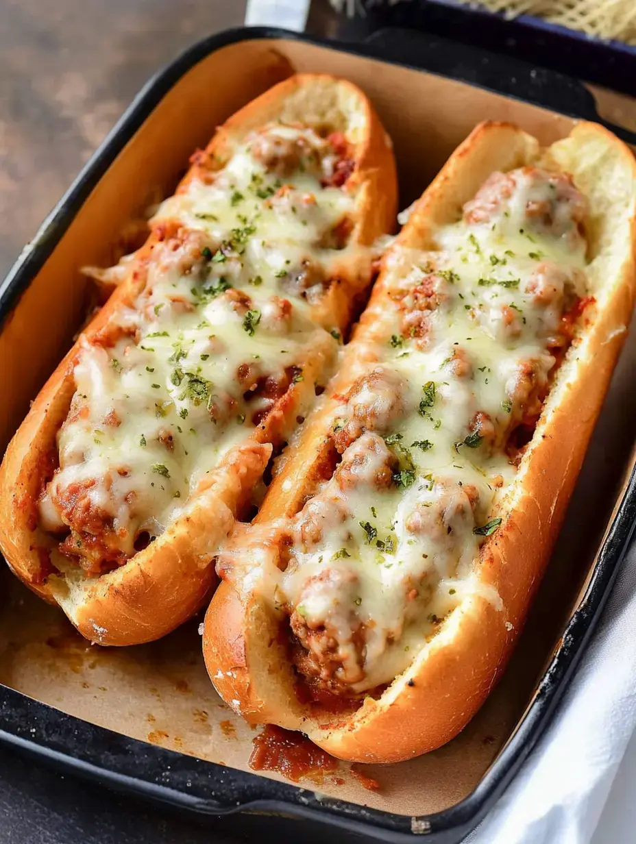 Two baked sandwich rolls filled with meatballs and topped with melted cheese and herbs, served in a black baking dish.